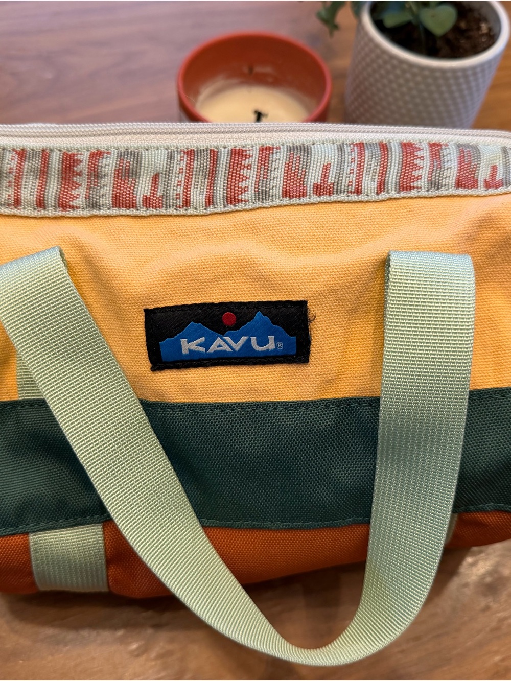 Kavu Colorblock Canvas Tote in Yellow, Green & Tan